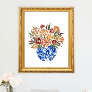 Fall Flowers Art Print Bouquet Floral Watercolor Autumn Colors Blue White Vase Ginger Jar Apartment Grand Millenial Style Wall Art Decor