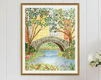New York City Art Print NYC Wall Decor Central Park Gapstow Bridge Spring Architecture Watercolor Brooklyn Travel Painting Illustration