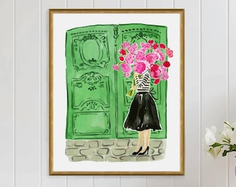 Paris Art Print Travel French Girl Wall Decor Peonies Green Ornate Door Colorful Floral Flowers Painting Illustration Girls Wall Room Decor