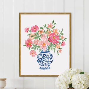 Peony Art Print Bouquet Floral Flowers Watercolor Peony Peonies Blue White Vase Ginger Jar Apartment Grand Millenial Style Wall Art Decor