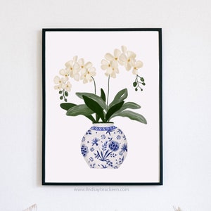 Orchid White Orchids Flower Art Print Navy Blue White Vase Plants Floral Flowers Painting GingerJar Delft Pottery Wall Decor Farmhouse