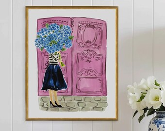 Paris Art Print Travel French Girl Wall Decor Blue Hydrangea Ornate Door Colorful Floral Flowers Painting Illustration Girls Wall Room Decor