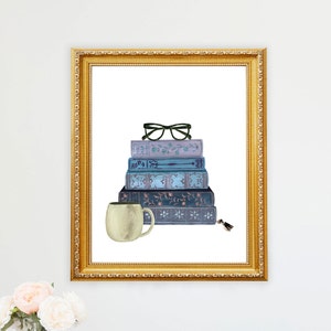 Stack of Books Vintage Book Wall Art Print Watercolor Bookshelf Read  Painting Home Office Bookworm  Library Reading Nook Coffee Cup Glasses