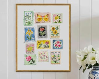 Vintage Floral Stamps, Vintage Floral Stamp Art Print, Vintage Stamp Art, Stamp print, Stamp Poster, Vintage Stamp Collection, Floral Stamp