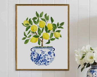 Lemon Tree Art, Lemons Art, Lemons Print, Lemon Tree Print, Lemon Topiary, Lemon Wall Decor, Chinoserie Pot Art, Blue and White Planter Art