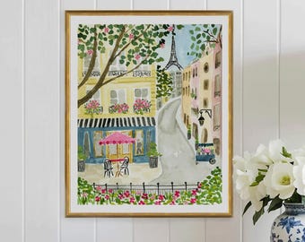 Paris Eiffel Tower Art Print Travel Paris Wall Decor Pink Trees Colorful Floral Flowers Map Painting Illustration Girls Wall Room Decor