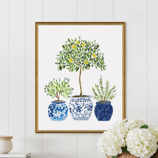 Limón, limoneros, olivo, azul marino, blanco, jarrón, plantas, flores, estampado floral, tarro de jengibre, gouache verde, boho, moderno, decoración de pared, estilo rústico