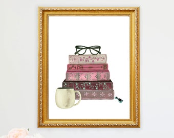 Stack of Books Decor Book Wall Art Print Watercolor Bookshelf Read  Painting Home Office Bookworm  Library Reading Nook Coffee Cup Glasses