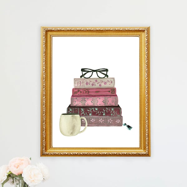 Pila de libros, decoración, libro, arte de pared, impresión, acuarela, estantería, lectura, pintura, hogar, oficina, ratón de biblioteca, biblioteca, rincón de lectura, taza de café, vasos