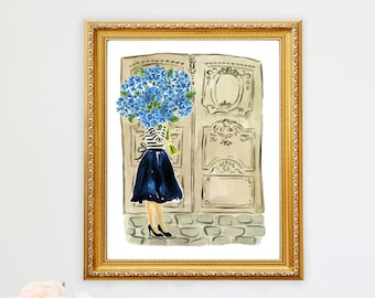 Paris Art Print Travel French Girl Wall Decor Blue Hydrangea Ornate Door Colorful Floral Flowers Painting Illustration Girls Wall Room Decor