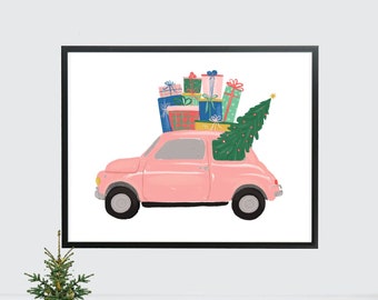 Christmas Tree on Car Art Print, Christmas Wall Art, Christmas Home, Decor, Pastel Christmas Decor, Retro Christmas, Holiday Art