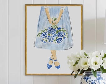 Striped Skirt with Flowers Hydrangeas Fashion Illustration Style Pink Blue French Girl Paris Art Print Wall Art Decor Girls Room Watercolor