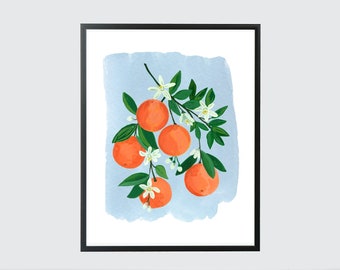 Oranges Orange Clementine Citrus Fruit Blue Rustic Cottage Kitchen Watercolor Gouache Painting Art Print Food Wall Art Decor Farmhouse