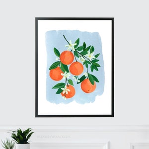 Oranges Orange Clementine Citrus Fruit Blue Rustic Cottage Kitchen Watercolor Gouache Painting Art Print Food Wall Art Decor Farmhouse