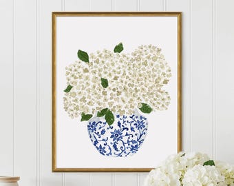 Southern Coastal Blue White Watercolor Hydrangea Floral Wall Art Preppy Farmhouse Grandmillennial Beachouse Wall Decor Print Painting