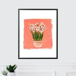 Floral Flowers Art Paperwhites Peach Coral Spring Bulbs Print Watercolor Illustration Wall Art Decor Farmhouse Gift Pink