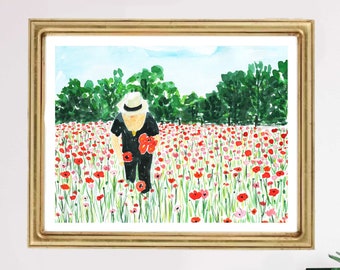 Puede incluir: Una pintura al agua de una persona con un sombrero y ropa negra de pie en un campo de amapolas rojas.