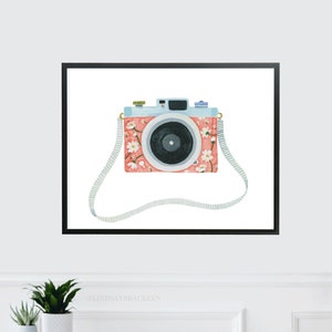 Camera Art Print Wall Decor Camera Painting Vintage Polaroid Photography Photographer Pink Floral Gift Girls Room Hobby Tween Teen Bedroom