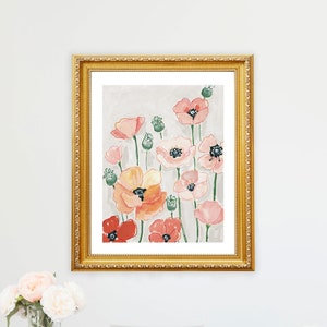 Poppy Poppies Art Print Wall Decor  Poppy Painting Poppies Art Pink Girls Nursery Flower Flowers Peach Cream Wildflowers Decor Farmhouse