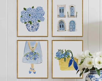 Grandmillennial Decor, Coastal Granddaughter Gallery Wall ,Preppy Coastal Art, Beach House Art, Hydrangeas Wall Art, Coastal Prints
