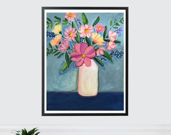 May include: A painting of a bouquet of pink, yellow, and blue flowers in a white vase on a blue background.