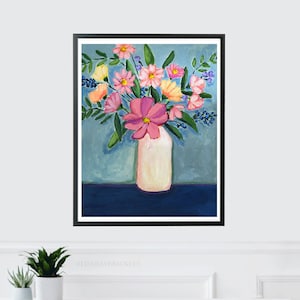 Bouquet Floral Flowers in Vase Wildflowers Art Print Pink Yellow Blue Bohemian Navy Still Life Boho Wall Decor Colorful Farmhouse Painting