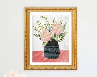 Impression d'art Protea, décoration murale Protea, art bohème, bouquet de fleurs florales nature morte rose bohème coloré pastel à l'huile texturé bouquet en vrac