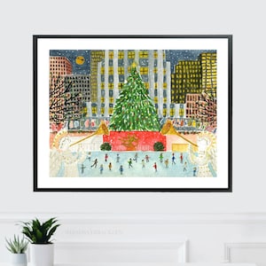 Christmas in NYC Art, Christmas in New York City Art, New York City Art Print, NYC Wall Decor, Ice Skating Print, Rockefeller Center Art