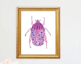 Beetle Patterned Art Print Insect Bug Floral Painting Wall Decor Garden Nursery  Style CottageCore Collection Flower Girls Room