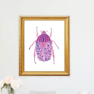 Beetle Patterned Art Print Insect Bug Floral Painting Wall Decor Garden Nursery  Style CottageCore Collection Flower Girls Room