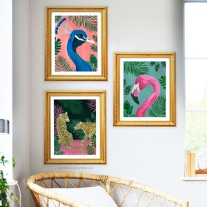 Peacock Leopard Flamingo Tropical Jungle Art Print Set Prints Wall Decor Painting Watercolor Bohemian Boho Cheetah Animal Theme Nursery