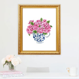 Hydrangea Print, Hydrangea Art, Hydrangea Painting, Pink Hydrangea Print, Blue and White Tea Cup, Tea Cup Print, Blue White China, Delft