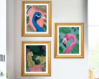 Peacock Leopard Flamingo Tropical Jungle Art Print Set Prints Wall Decor Painting Watercolor Bohemian Boho Cheetah Animal Theme Nursery