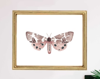 Moth Butterfly Pink Art Print Watercolor Painting Illustration Insect Bug Neutral Green Wall Decor Boys Girls Gift Nature Woodland Nursery