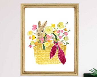 Easter Bunny Art, Easter Basket, Bunny Basket Art Print, Spring Flowers Art Print, Easter Decor, Bunny Art, Rabbit Art, Rabbit Print