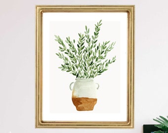 Aquarelle branche d'olivier branches d'arbre en pot jardin cuisine déco impression art gouache verte italienne bohème mur moderne art déco ferme