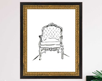Vintage Chair Watercolor Print, Chair Sketch Art, Sketch Print, Black and White Art Print, Linework Art, Chair Sketch Art, Minimalist Art