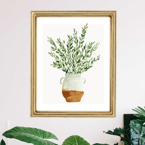 Aquarelle branche d'olivier branches d'arbre en pot jardin cuisine déco impression art gouache verte italienne bohème mur moderne art déco ferme