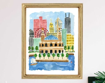 Impression d'art Chicago Navy Pier, décoration murale de Chicago, grande roue, voyage, paysage urbain, horizon de Chicago, architecture, illustration de peinture à l'aquarelle