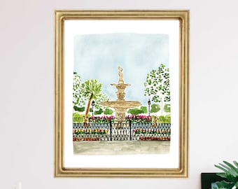 May include: Watercolor painting of a fountain in a park. The fountain is surrounded by a black wrought iron fence and lush green trees. There are pink flowers in bloom around the base of the fountain.