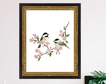 Chickadee Bird Art Cherry Blossom Print Bird Print Wall Decor Painting Watercolor Birds Illustration Birdwatching Gift Lindsay Brackeen