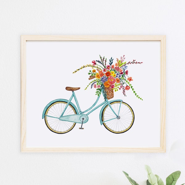 Bicicleta azul vintage con cesta de flores, impresión artística de pared, ilustración floral de acuarela, decoración infantil de granja, rosa, rojo y verde