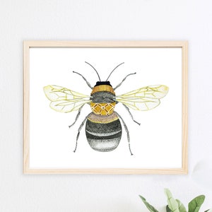 Bee Art Print Bumblebee Honey Bee Entomology Bug Insect Children's Kids Baby Wall Nursery Decor Nature Woodland Yellow Watercolor Painting