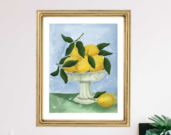 Bowl of Lemon Lemons Citrus Still life Fruit Kitchen Pink Blue Yellow Watercolor Gouache Painting Art Print Food Wall Art Decor Farmhouse