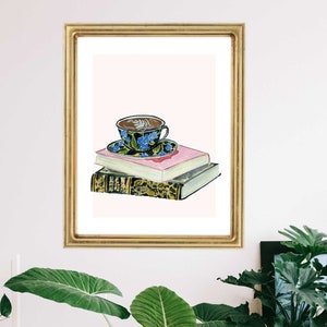 Stack of Books Vintage Book Wall Art Print Watercolor Tea Cup Painting Illustration Decor Bookworm  Library Reading Nook Coffee Glasses