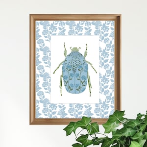 Botanical Beetle Art Print – Vintage Insect Wall Decor – Floral Bug Illustration – Pink and Green Insect Print – Cottagecore Home Decor