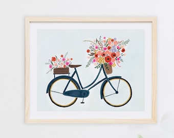 Vintage Blue Bike Bicycle With Flower Basket Wall Art Print Watercolor Painting Flowers Illustration Farmhouse Children Nursery Decor