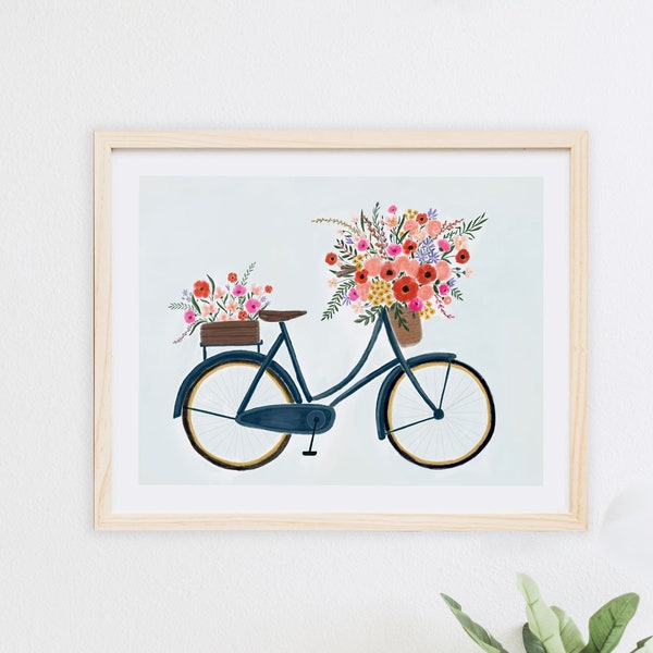 Bicicleta azul vintage con cesta de flores, impresión artística de pared, pintura de acuarela, ilustración de flores, decoración infantil de granja