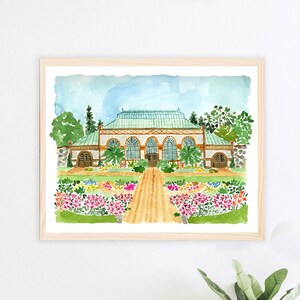 May include: A watercolor painting of a green glass building with a brown roof. The building is surrounded by a garden with green bushes and pink, yellow, and purple flowers. The path leading to the building is a light brown color.