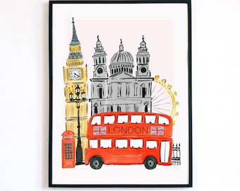 London England Art Print London Wall Decor Travel Big Ben St. Paul Cathedral The Eye Europe Map Travel Painting Illustration Girls Room